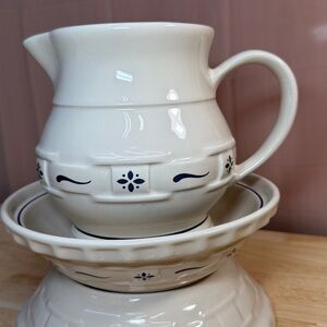 Longaberger Pottery Dresden Blue Sm. Pitcher & Basket Woven Bowl